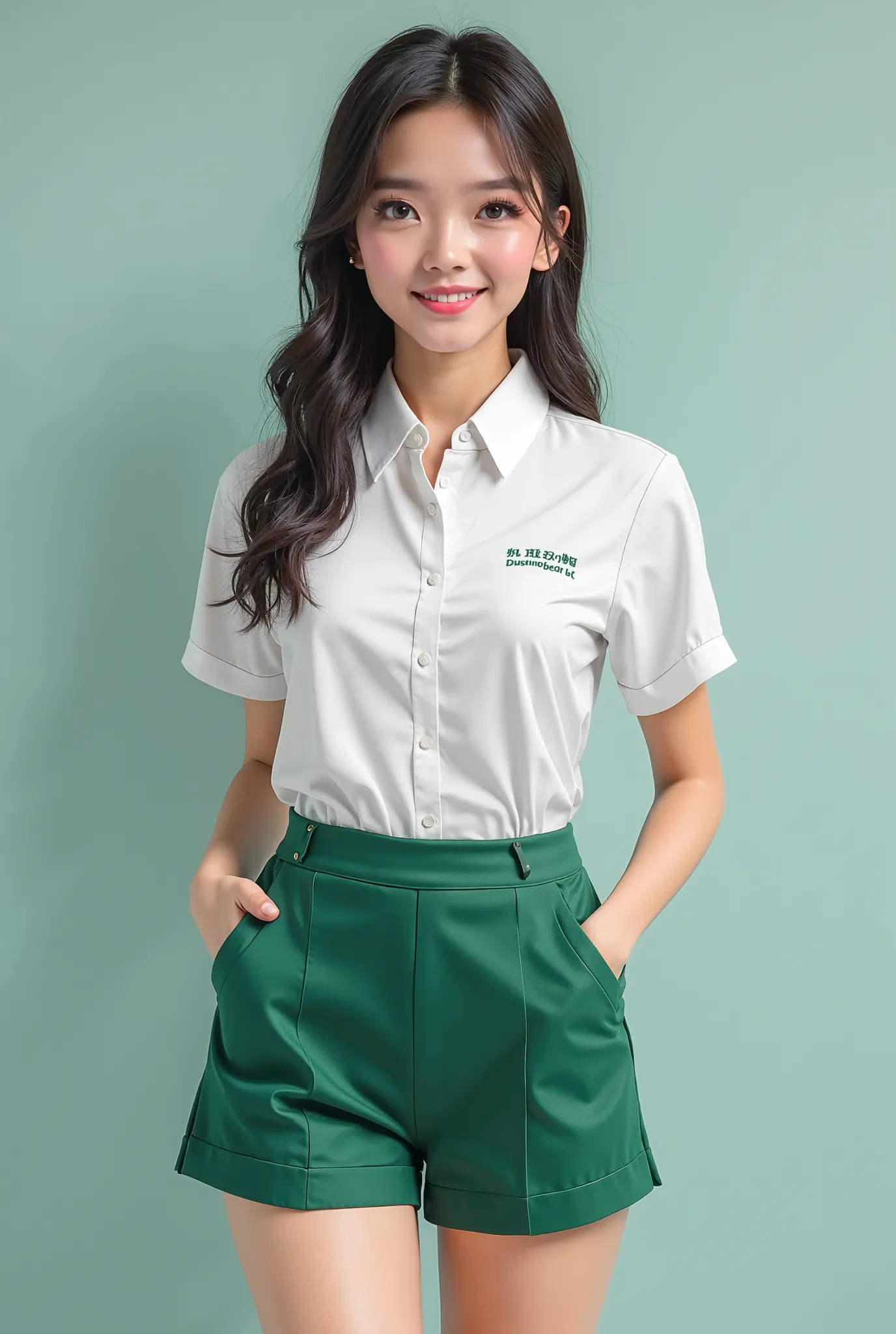 A blouse and short school shorts With the name of the nursing fabric in the colors white and emerald green