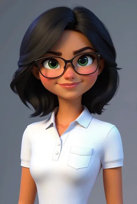 Brown woman, around 18 years old, black power brown hair, wearing prescription glasses, greenish eyes, dressed in a white polo collar with pocket without details on the chest, pixar style image extending from the waist up