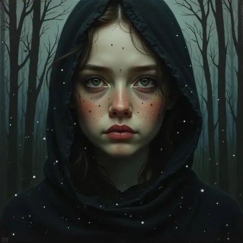 "mystical portrait in the style of Finnish romanticism, featuring a figure with freckles like constellations, illuminated by a haunting moonlight that reveals yet offers no solace. The subject's eyes should hold a silent, profound question, while shadows o...