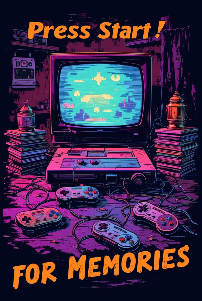 "A vibrant vector-style T-shirt design featuring a classic retro video game console at the center, inspired by legendary systems like the NES, SNES, or Sega Genesis. Controllers are scattered across the room, their cords tangled and stretched, representing...