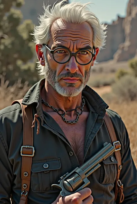 A 29-year-old strong white-haired man who wears an ancient alchemist's glasses, And he was a former doctor who wears a revolver and a black shirt and is born in the Wild West without a white beard 