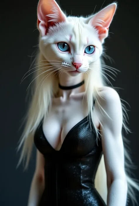 A white Urmah humanoid cat with blue eyes with silky hair tied in a shimmering black dress showing black-heeled legs and humanoid body. She's taking a photo she's a sexy modeler. She in the photo with humanoid cat breasts