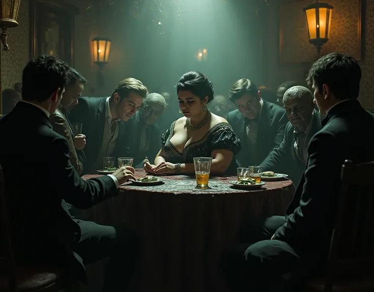 deep in the 1900s nightclub, frozen in time, a plump woman in a 1900s evening dress is bored at her table in front of her drink, surrounded by men and ladies and humanoid cocroaches customers who are not having fun, eery atmosphere, the place is shabby, sc...