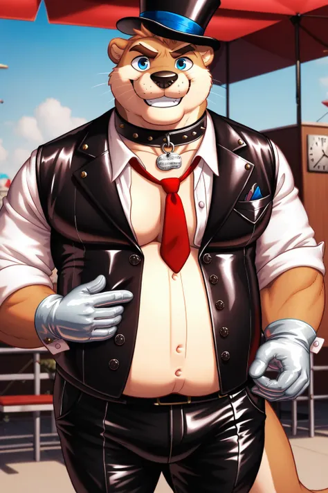 Solo, Male, fat, musclegut, obese, gentleman, dapper Otter, blue eyes, wearing a big leather collar around his neck, (Leather Collar:1.3), (artist:Takemoto Arashi), (soft shading), 4k, hi res, ((detailed face, detailed)), looking at viewer, evil grin, coll...