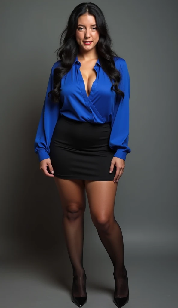 A (curvy:1.1), average-built woman in a (seductive:1.2) pose, (small chest:1.3) Her expression is confident yet inviting, emphasizing sensuality. ((sleek long black hair)), Office girl, seducing her boss. Wearing a sexy long sleeve blue blouse and black mi...