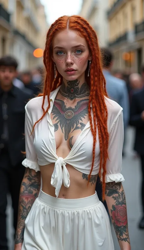 A white-skinned young woman with striking freckles on her face , long red hair in dreads ,  intense blue eyes and a piercing of the septum . She is wearing only a blouse tied on the side and a skirt, both in white.. Her body is covered by several detailed ...