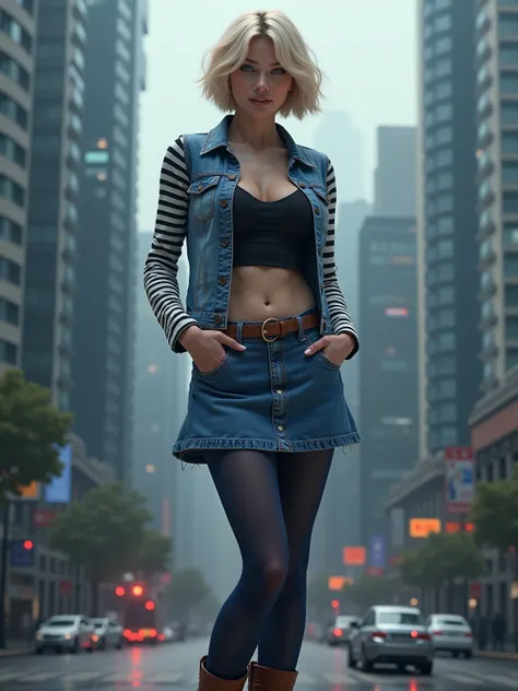 ultra-realistic sensual pose,  background of the future city , FULL BODY SHOT, cinematic, 4K,  isometric view ,  dynamic movement,  sexy Frau, white skin, blue eyes, short blonde channel hair, sensual athletic body, big breasts and thick legs,  sexy Frau, ...