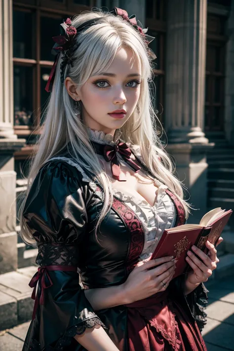 (best quality,4k,8k,highres,masterpiece:1.2),ultra-detailed, Norse Goddess Hel as a college student, college girl, gothic lolita, white hair, black dress with maroon lace maroon bows and maroon frills, hanging out outside on college campus, coquettish pose...