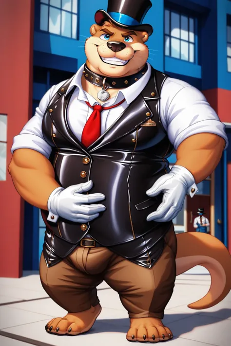 Solo, Male, fat, musclegut, obese, gentleman, dapper Otter, blue eyes, wearing a big leather collar around his neck, (Leather Collar:1.3), (artist:Takemoto Arashi), (soft shading), 4k, hi res, ((detailed face, detailed)), looking at viewer, evil grin, coll...