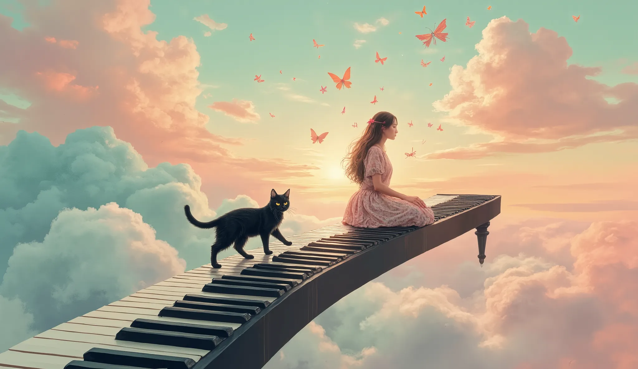 The black cat, with eyes like liquid amber, walks delicately across a grand piano whose keys stretch endlessly into the pastel-colored horizon. Its owner, a young woman with hair resembling soft flower petals, sits at the piano, her fingers creating musica...