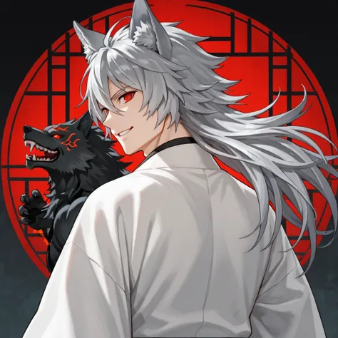 male werewolf,  long gray hair,  wolf ears,  red eyes,  smiling, wearing a Japanese ceremonial costume for men, Back background a ceremonial temple 