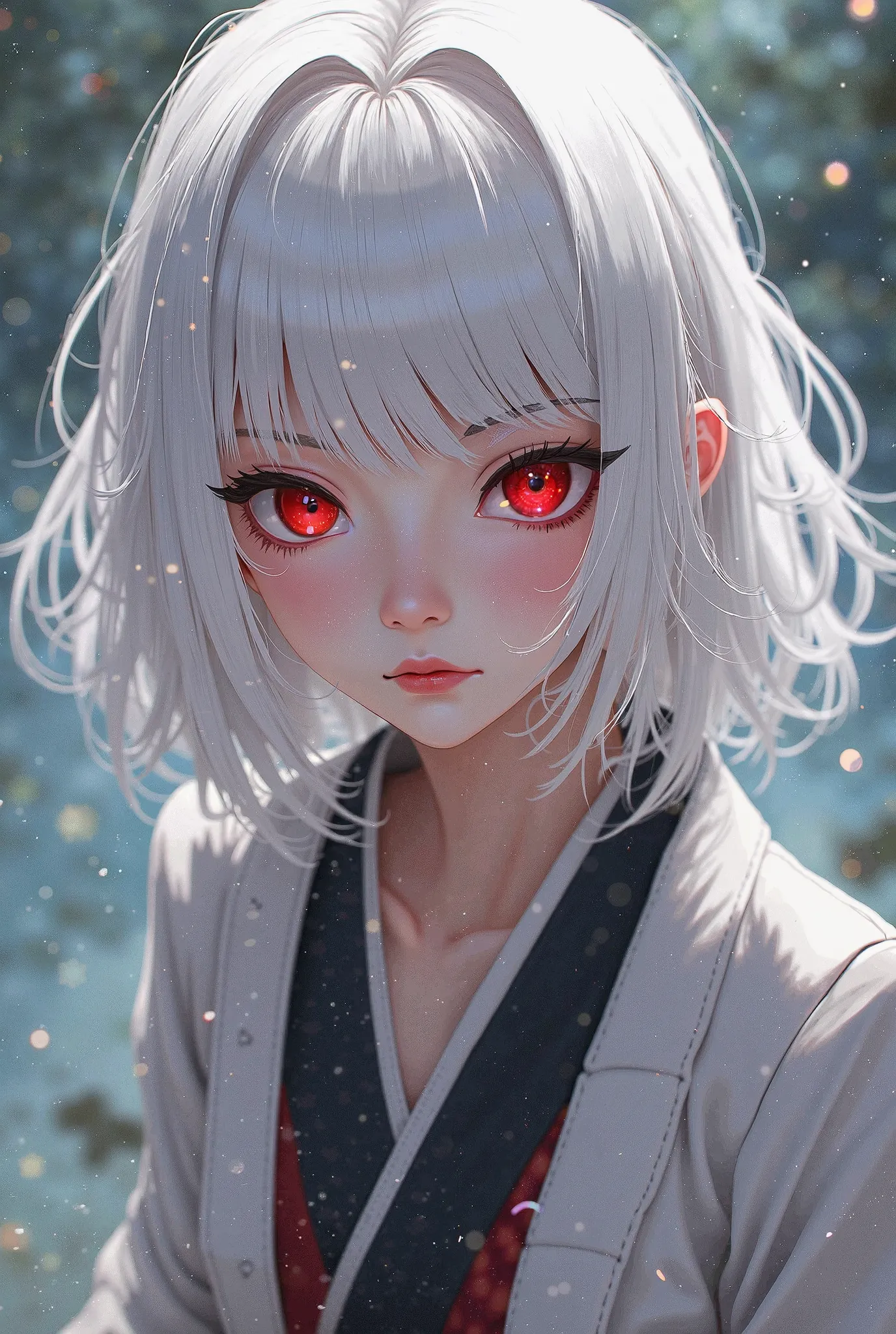 A Naruto anime girl with white hair and red eyes,he would be,Has bangs