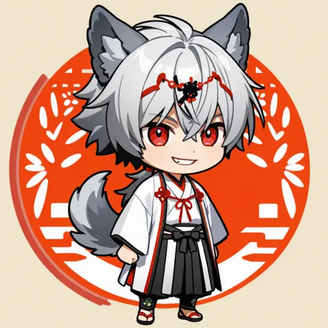 Male werewolf small chibi version,  long gray hair,  wolf ears,  red eyes,  smiling, wearing a Japanese ceremonial costume for men, Back background a ceremonial temple 