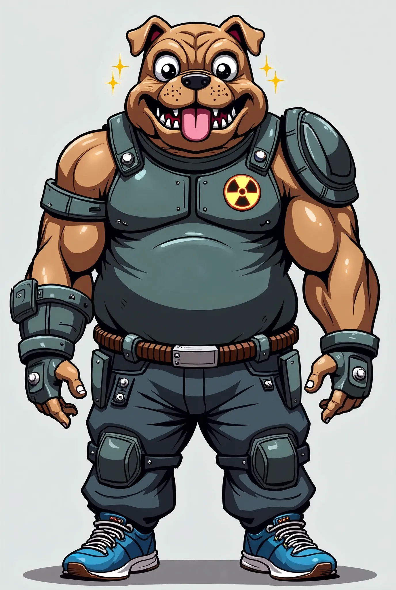 Big man strong body half thin, a bulldog mask with a big head and big eyes is veers turning out, A mouth with an open smile with its tongue out, Mask color(Half-gray brown),  resolution 4k, anime style, Realistic sparkles shadows, sparkles in the eyes, clo...