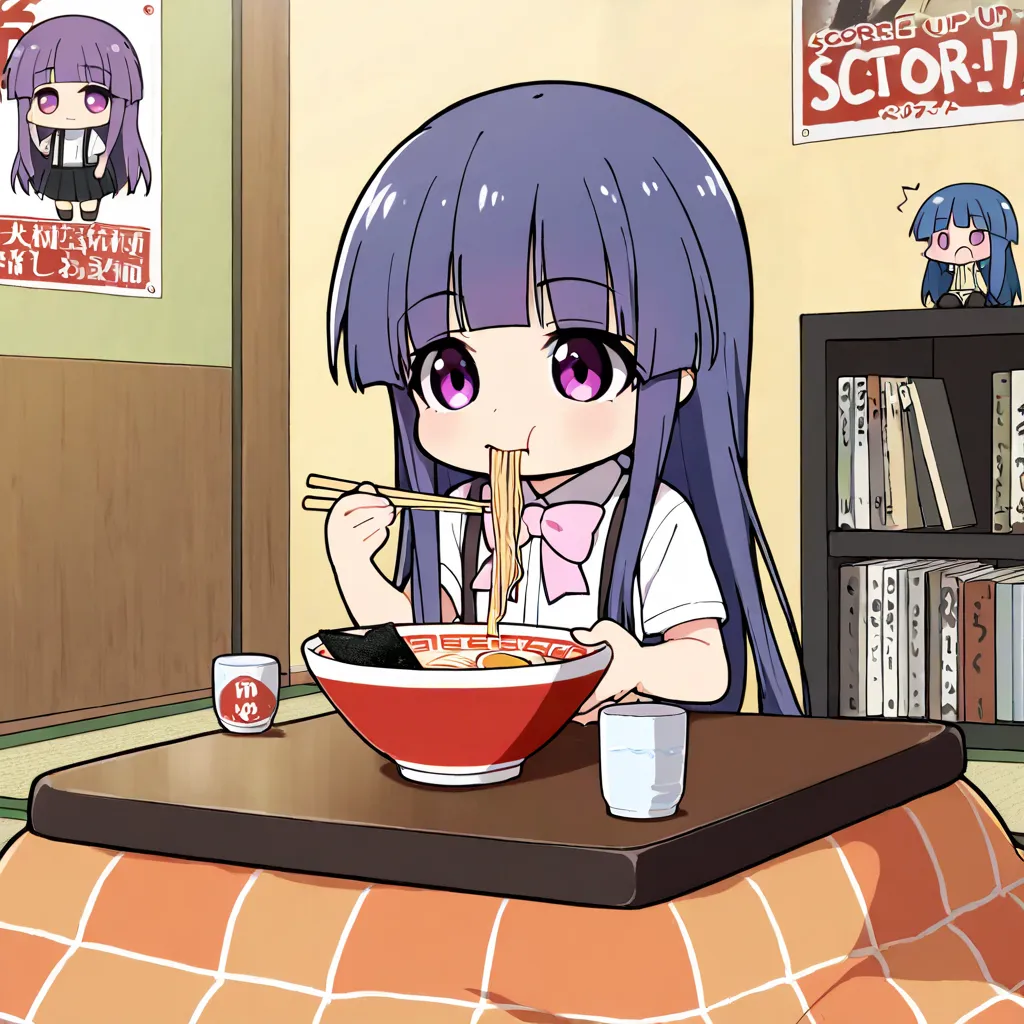 score_9, score_8_ up , score_7_ up , BREAK source_anime, rating_ explicit, best quality , Masterpiece, No posts, ((chibi))
 BREAK 1女の子, solo, rika furude, long hair, bangs, blue hair, purple eyes, blunt bangs, purple hair,
skirt, shirt, bow, school uniform...