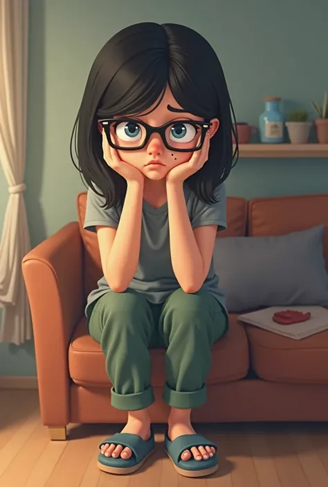 Animated girl sitting on a table in tension and depressed . She is wearing black frame glasses and has a mole on her face . She has black hair medium size and wearing a t-shirt orf grey colours and dusty green colour pants and wearing slippers. She has a i...