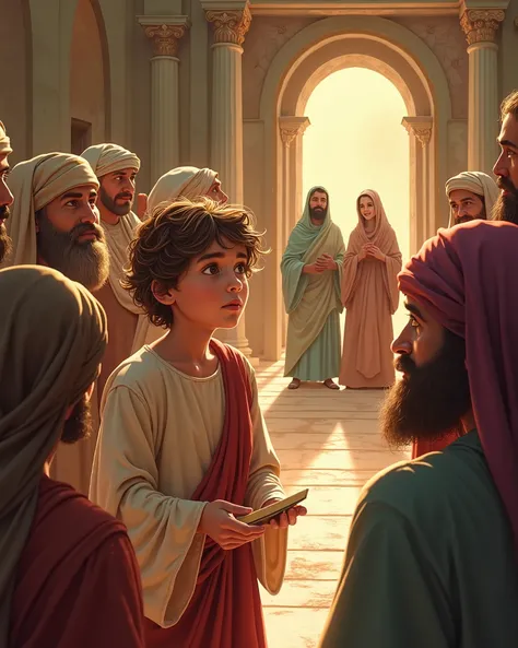 A charming ren’s illustration of twelve-year-old Jesus in the Temple, talking to astonished teachers, with Mary and Joseph arriving to find him