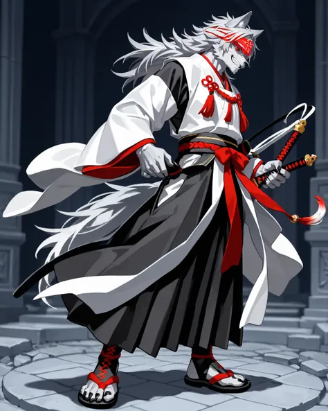 Full body male werewolf,  long gray hair,  wolf ears,  red eyes,  smiling, wearing a Japanese ceremonial costume for men, Back background a ceremonial temple 