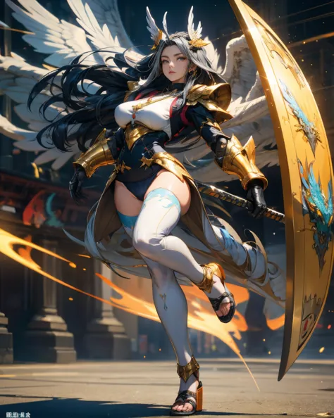 flying dragon background, beautiful girl, Ultra HD,Light Knight Armor,Huge breasts,V-Strings High Waisted Panties,side kick,Silver Sandals,Big Dragon head shaped hair accessories,Phoenix shape necklace,Golden Eye,Phoenix pattern machine parts shaped silver...