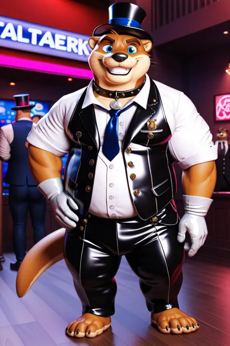 Solo, Male, fat, musclegut, obese, gentleman, dapper Otter, blue eyes, wearing a big leather collar around his neck, (Leather Collar:1.3), (artist:Takemoto Arashi), (soft shading), 4k, hi res, ((detailed face, detailed)), looking at viewer, evil grin, coll...