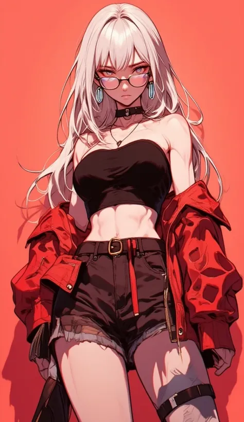 A stylish anime-style  Muscular Anime Female white long hair,Glasses,Red Sleeveless Jacket,Short bandeau,Necklace, depreseed expression , wearing glowing earrings. The background is a solid bold peach  color, creating a striking contrast. The illustration ...