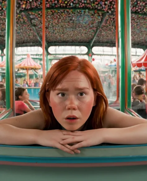 Sci-Fi and horror film: Room with a labyrinth of mirrors, even on the roof of an amusement park, with the reflection of a chubby, freckled red-haired girl with a tan lost in different versions of the girl grabbing the girl behind the glass to nap her and t...