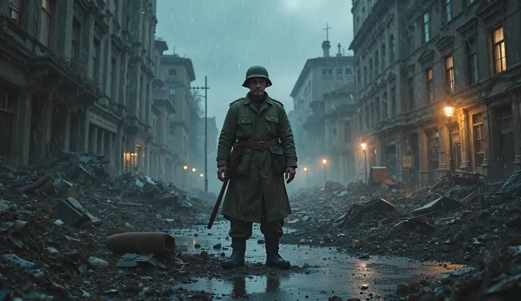 realistic image of a soldier from the second world war in a city completely destroyed by bombing, in the illuminated night, cold and rainy night and macabre liquid darkness