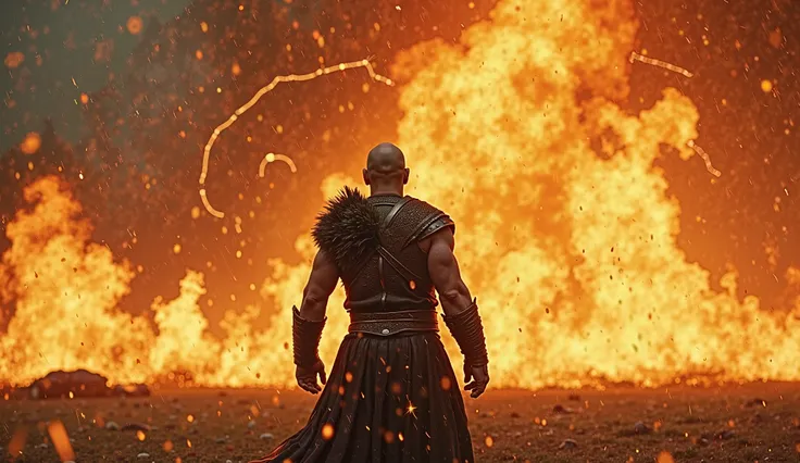 An ultra-realistic, cinematic wide shot seeing the muscular, bald viking hero, standing firm as massive wave of fire shoots toward hims, flames roaring and twisting through the air, but he does not flinch. The camera slowly pushes in, dramatic slow motion ...