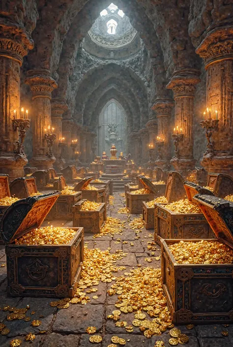 A room in the medieval castle filled with chests. The chests are open inside them have gold coins and jewels.