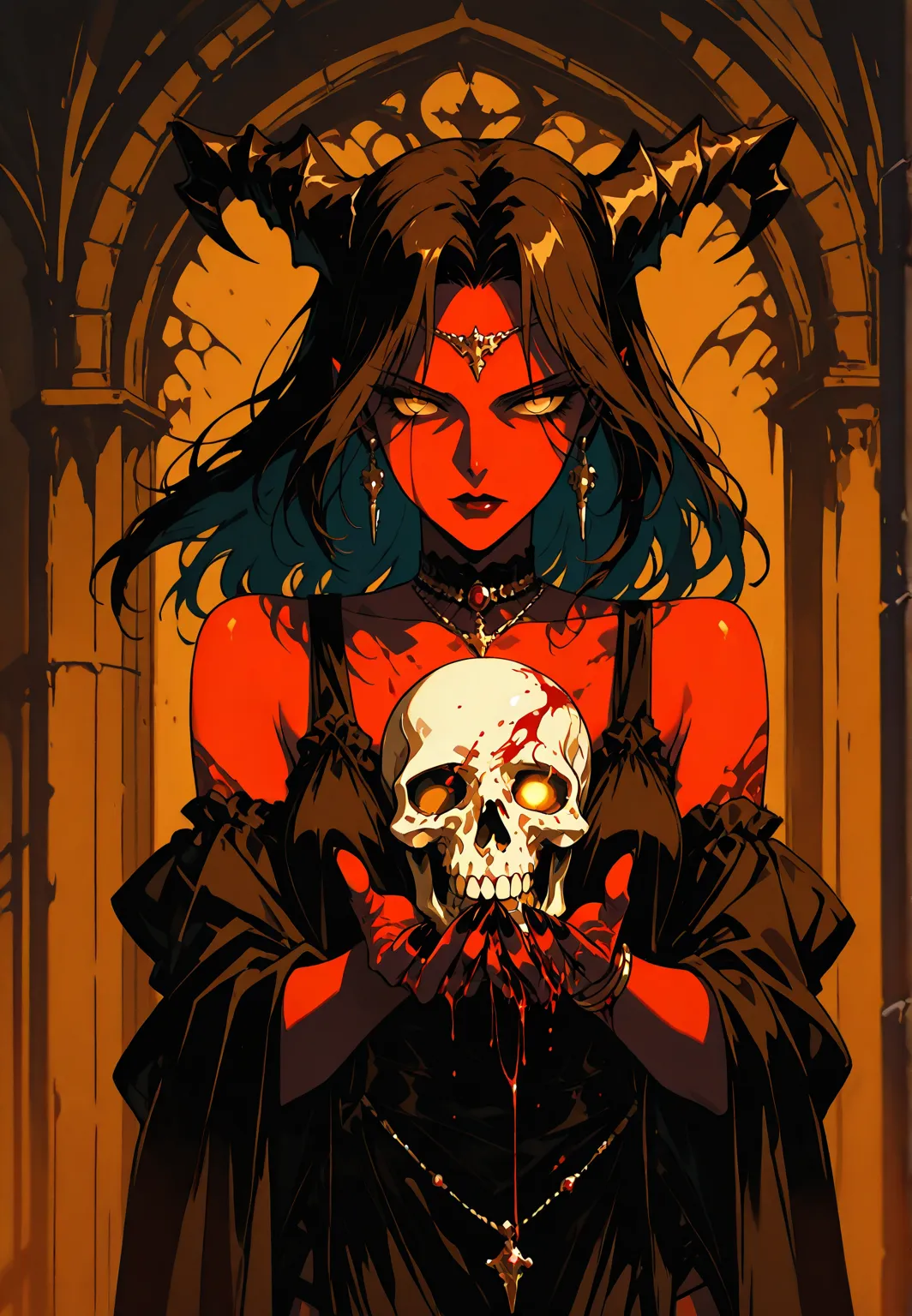  demon girl , red skin, camisilla, Horns ,  elegant clothes, average sines, Elegant Jewelry, aggressive, brown, (Holds skull in his hands). Background: Castle corridors, blood. dark atmosphere