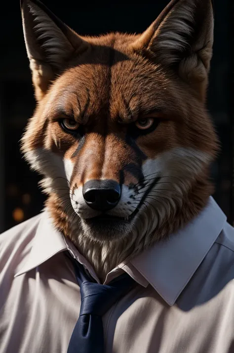 a 27-year-old male red fox with scars on the face, hazel eyes, angry expression, wearing a white shirt and black tie, detailed portrait, hyperrealistic, realistic fur textures, intricate details, dramatic lighting, dramatic shadows, cinematic composition, ...