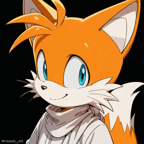 tails the cat is depicted in an orange and white outfit with white cat eyes and whiskers, 1boy, male focus, furry male, solo, blue eyes, furry, fox boy, smile, black background, closed mouth