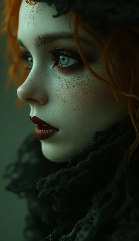 A professional gothic horror photograph, a bewitching vampire maiden, her allure as timeless as her immortal soul, with eyes that glimmer like jewels, solo, cool, well-favored, extremely delicate and beautiful ,detailed face, perfect eyes, perfect nose, pe...