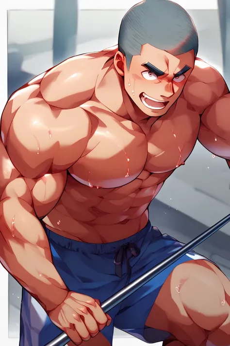 TOP QUALITY、A muscular man with a shaved head holds a horizontal bar with both hands and hangs、 shirtless、Thick eyebrows、Sharp Eyes、Japan、 wearing shorts、 pretty sweaty 、 has a painful expression、 with raised muscles 