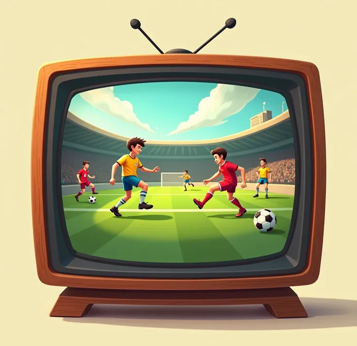 cartoon retro tv with a soccer fild inside 