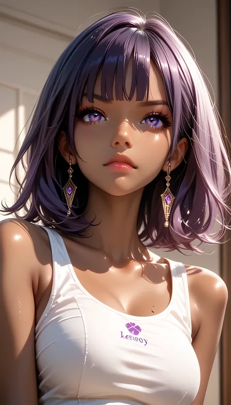 score_9, score_8_up, score_7_up, score_6_up, score_5_up, masterpiece, perfect anatomy human, anatomically correct, adult girl, 1girl, (solo), cute, BREAK, detailed eyes, finest eyes, medium hair, purple eyes, purple hair, bangs, ((dark skinned girl)), (ebo...