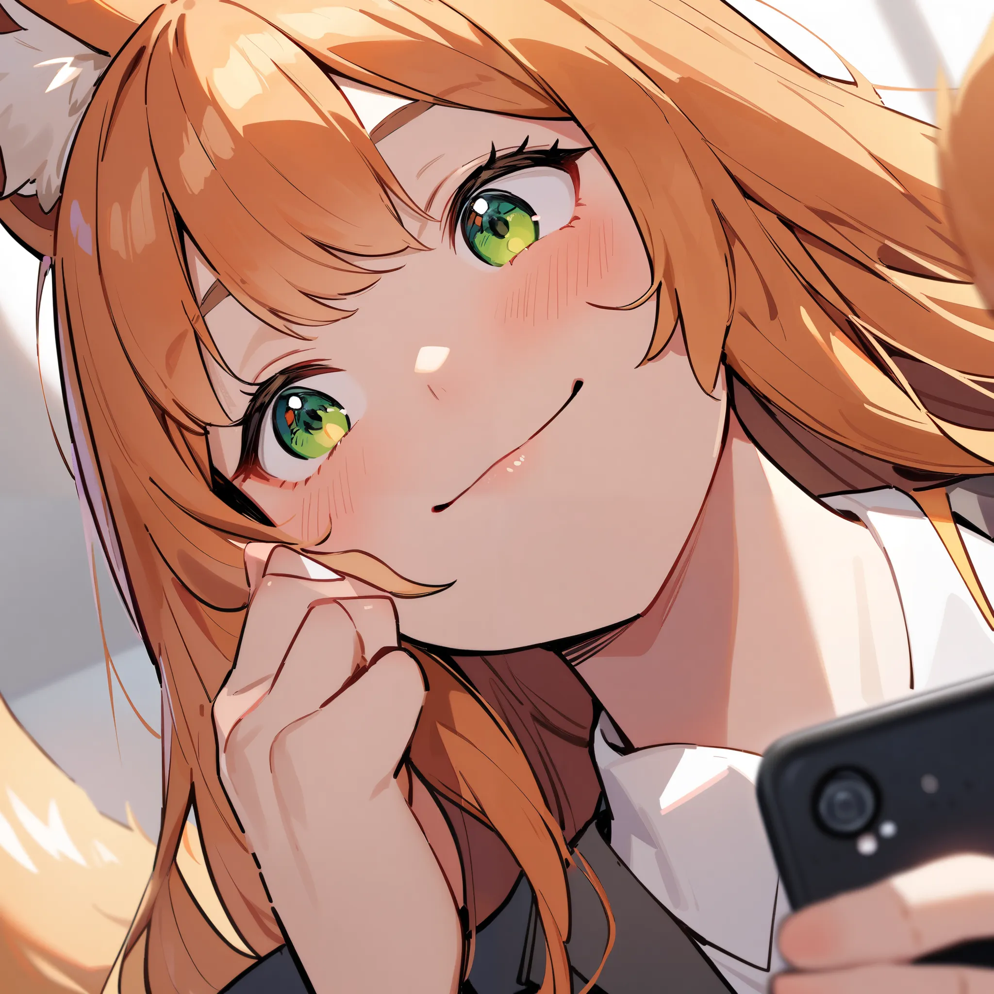 Foxgirl, orange hair, long hair and fox ears, fox tail, green eyes, happy and calm facial expression, sexy, office suit, looking at her phone, close up view, office