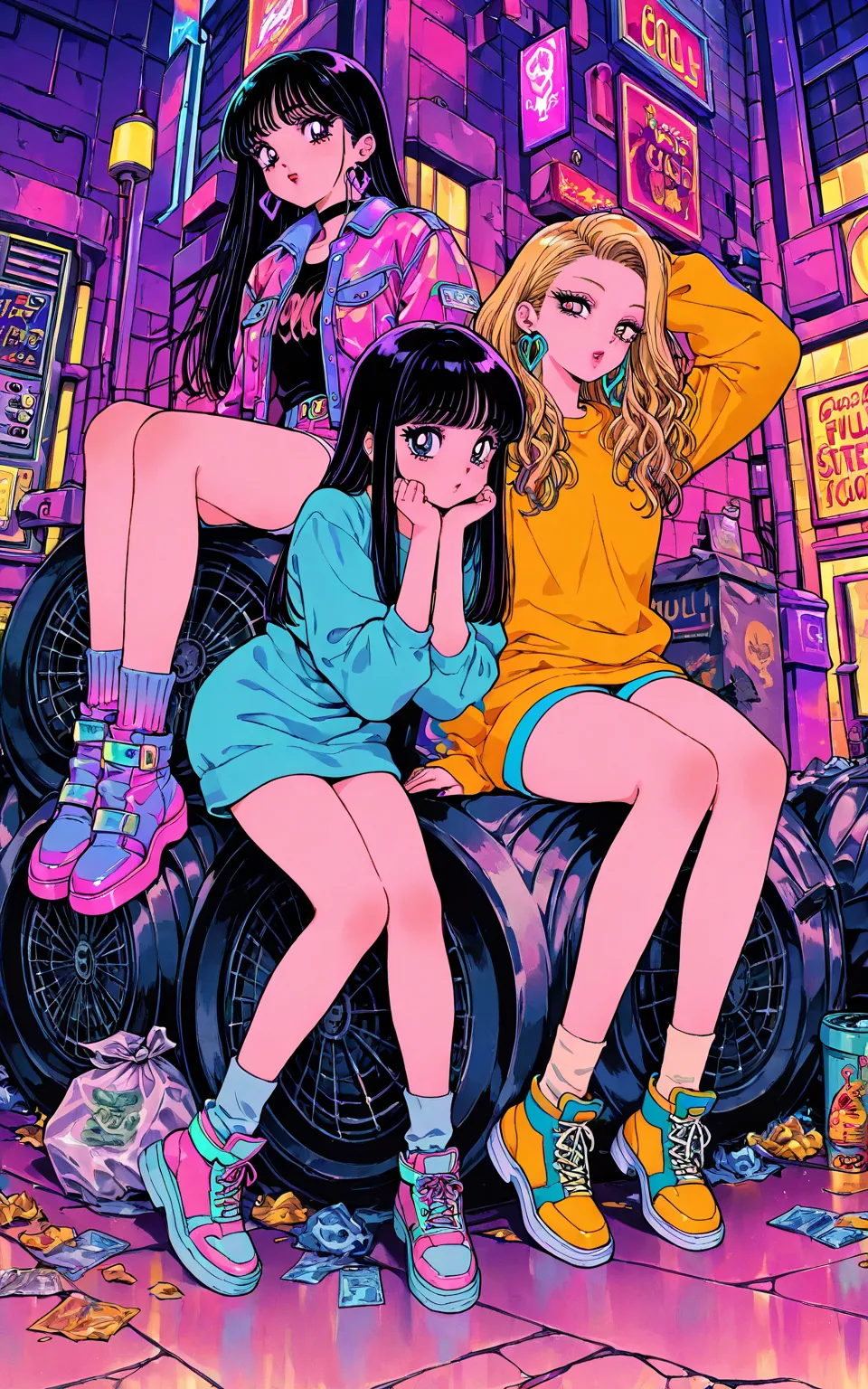 [gyaru:1.3], cool beauty, 2 women, onee-loli, girls hair, slender body, rest, retro future, cyber fashion, urban, fullcolor, trash on the street