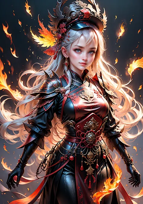 masterpiece,best quality,amazing quality,absurdres, BREAK xiangling \(genshin impact\), 1girl, blackened apron, possessed wok, flaming hair (abyssal), glowing red eyes, kitchen battlefield, floating knives, monster ingredients (alive), smoke and sparks, ch...