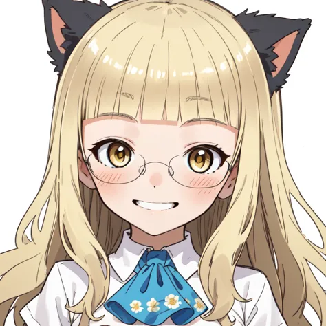 (1Girl, ), (((Solo))), (((perrine h. clostermann))), (((Blonde Hair, Bangs, Blunt Bangs, Wavy Hair:0.6, Long Hair:1.2, Very Long Hai:1.2))), (((Gold Eyes:1.2))), (((Glasses))), (((Animal Ears, Black Cat Ears))), (No eyebrows),
BREAK; 
(((Shirt, White Shirt...