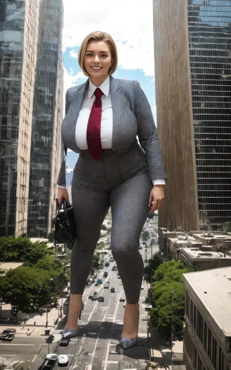 100 km tall giga giantic, curvy bbw young school girl in her school uniform with a beautiful smile, bigger than a giant city, curvaceous figure, massive beast, and short blonde hair, with a curvaceous figure and massive natural breasts. wearing a tailored ...