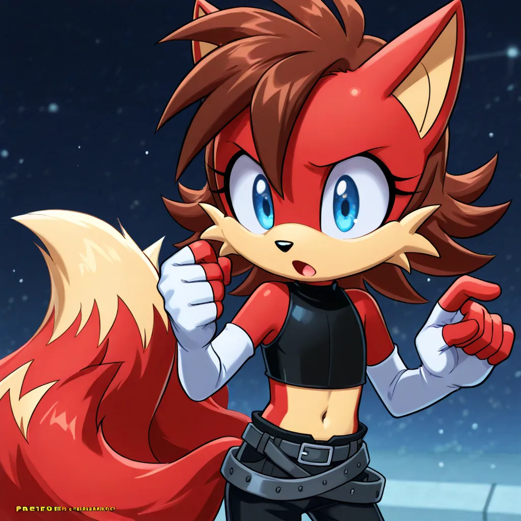 a picture of a cartoon with long whiskers and blue eyes, 1boy, male focus, blue eyes, fox boy, furry male, solo, furry, tail, open mouth, multiple tails, white fur, animal nose, white gloves, animal ears,Fiona the Fox, 1girl, blue eyes, brown hair, medium ...