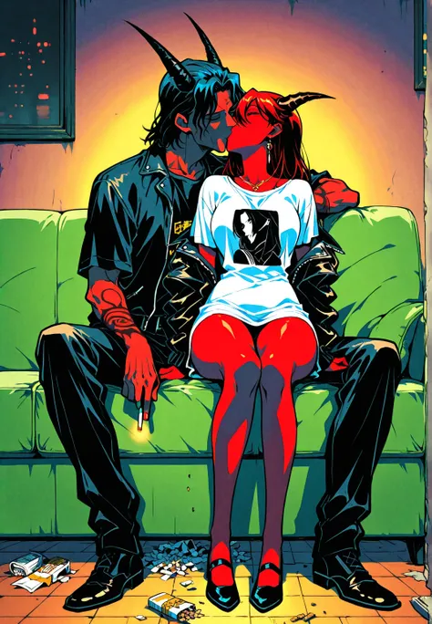  demon girl , red skin,  t-shirt, Horns ,  black leather jacket , average sines, Elegant Jewelry, Nostalgic, (acostada en un sofa) ((full body)) ((Kiss an angel man)), sofa , ventana, disorder, cigarettes on the floor. Night atmosphere