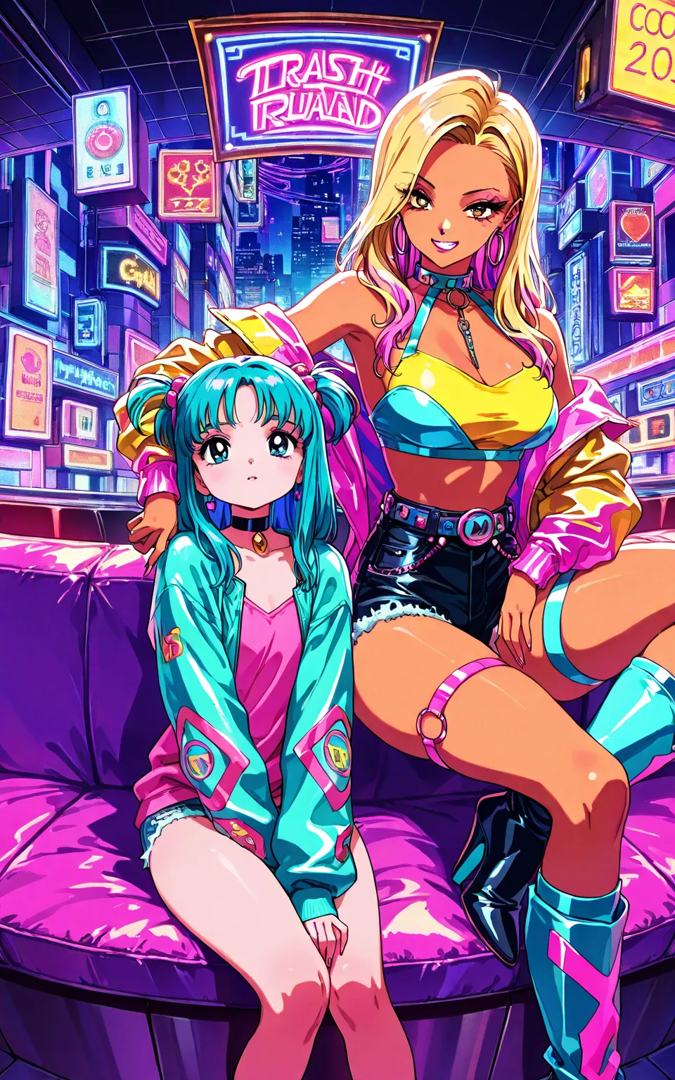 (gyaru:1.3), cool beauty, 2 women, onee-loli, girls hair, slender body, rest, retro future, cyber fashion, urban, fullcolor, [trash on the road:1.4], [fisheye:1.2],