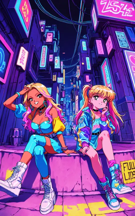 (gyaru:1.3), cool beauty, 2 women, onee-loli, girls hair, slender body, rest, retro future, cyber fashion, urban, fullcolor, [trash on the road:1.4], [fisheye:1.2],