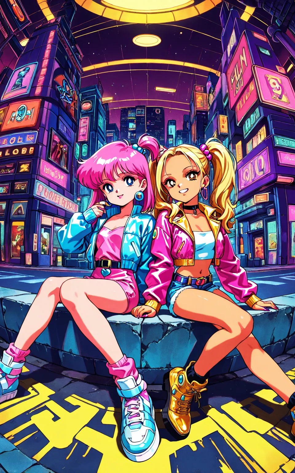 (gyaru:1.3), cool beauty, 2 women, onee-loli, girls hair, slender body, rest, retro future, cyber fashion, urban, fullcolor, [trash on the road:1.4], [fisheye:1.2],