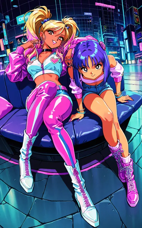 (gyaru:1.3), cool beauty, 2 women, onee-loli, girls hair, slender body, rest, retro future, cyber fashion, urban, fullcolor, [trash on the road:1.4], [fisheye:1.2],