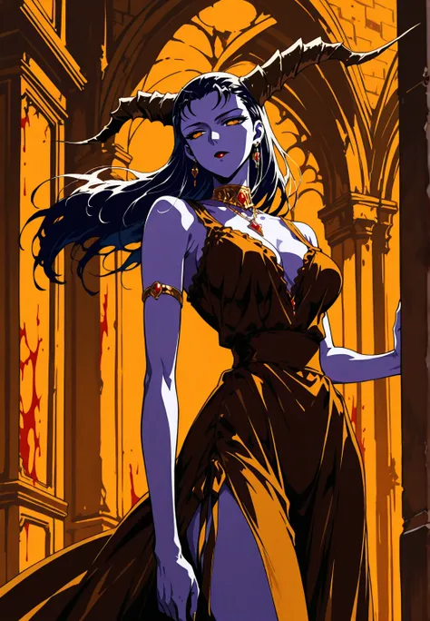  demon girl , purple skin, camisilla, Horns ,  elegant clothes, average sines, Elegant Jewelry, aggressive, brown, (Black goat by your side, grandes Horns). Background: Castle corridors, blood. dark atmosphere