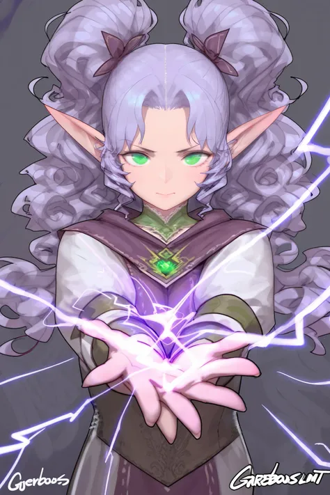 Illusionist, light purple, long curly hair, double ponytail, green eyes, medieval elf, single-handed control, thunder magic, gorgeous, original costume design, girl, brown-purple color scheme