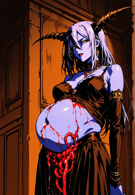  demon girl , purple skin, camisilla, Horns ,  elegant clothes, average sines, Elegant Jewelry, aggressive, brown, (open belly, Bleeding intestines). Background: Castle corridors, blood. dark atmosphere